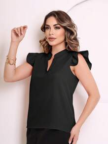 MARILYN MONNA New Women's Solid Color Classic V-Neck Ruffle Elegant Notched Neck Sleeve Blouse - 黑色 - 查看 5