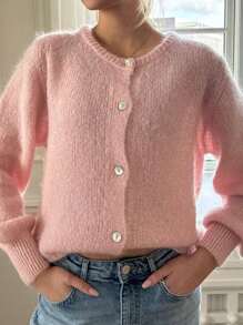 Women Button Up Sweaters Casual Lightweight Solid Color Knit Cardigans Warm Fall Knitwear For Outerwears Streetwear - Pink - View 6