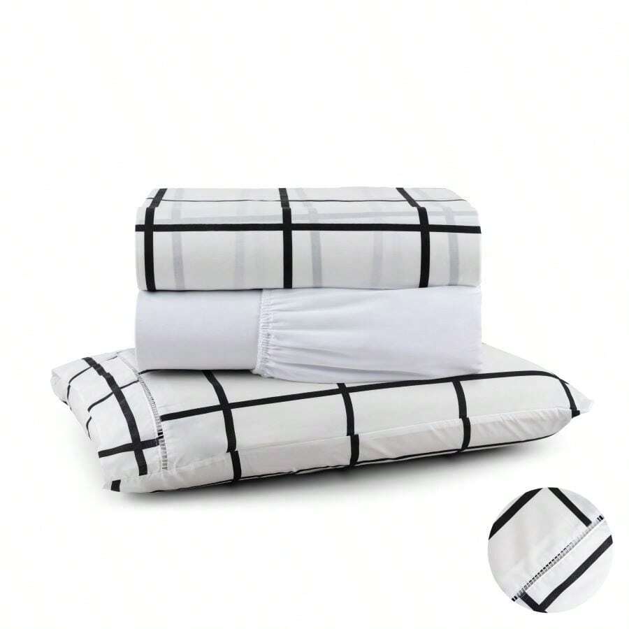 Compose Printed Single Sheet Bedding Set 3 Pieces Palito Stitch Micropercal 400 Threads Soft Touch - 白色 - 查看 1