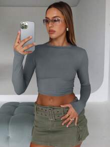 OUTBALL Womens Long Sleeve Crop Tops Shirts Basic Tight Slim Fit Cute Teen Girls Fall Winter Clothes - 灰色 - 查看 3