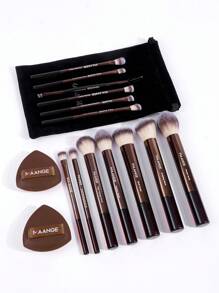 MAANGE 15pcs Professional Makeup Tools Set With Velvet Bag,13pcs Soft Long Aluminum Tube Makeup Brush Set+2pcs Powder Puffs Accessories,Powder Brush Contour Brush Blush Brush Highlight Brush Eyeshadow Brush Eyebrow Brush Eyelash Brush Shadow Brush Blending Brush Smudge Brush,Makeup Tools With Soft Fiber For Easy Carrying,Brush For Travel,Gift For Women&Girls