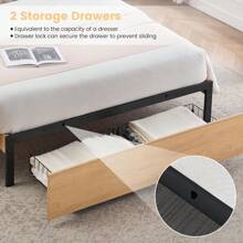 King Size Bed Frame With Natural Rattan Headboard And Storage Drawers, Bed Frame With LED Strips And Strong Woode Slats Support, No Box Spring Needed,Easy Assembly