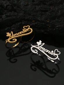 1pc Double Ring Fashion Ring, Open Ring, Personalized Customized Text, 18k Gold Stainless Steel Jewelry, Comes With Exquisite Gift Box, As A Family, Friend, Christmas Gift
