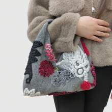 Bolsa De Ombro Feminina De Lã De Cordeiro De Inverno Com Cor Contrastante Simples E Alça Superior, Colorida E Moderna, Grande Capacidade, Bolsa Tote Para Adolescentes, Meninas, Mulheres, Estudantes Universitárias