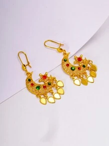 1 Pair Vintage Star Moon Design Earrings With Colorful Zirconia Embedded & Gold Tassel, Suitable Gift For Friends, Girlfriend, Wife, Birthday, Daily Wear And Eid Celebration