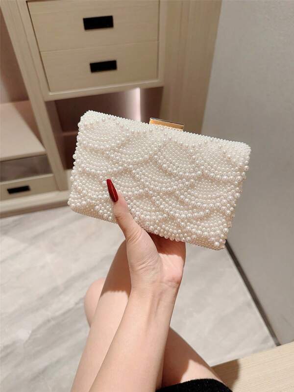 Faux Pearl Decor Box Shaped Chain Crossbody Bag,Party Bags,Perfect For Party, Wedding, Prom, Dinner/Banquet, Perfectly Matching With Prom Dresses For Women, Prom Accessories,Sequin Dress Women,Sparkly Dress,Elegant Dresses For Women, Elegant Prom Bag, Elegant Pearl Bag, Perfectly Matching With Bridal Party