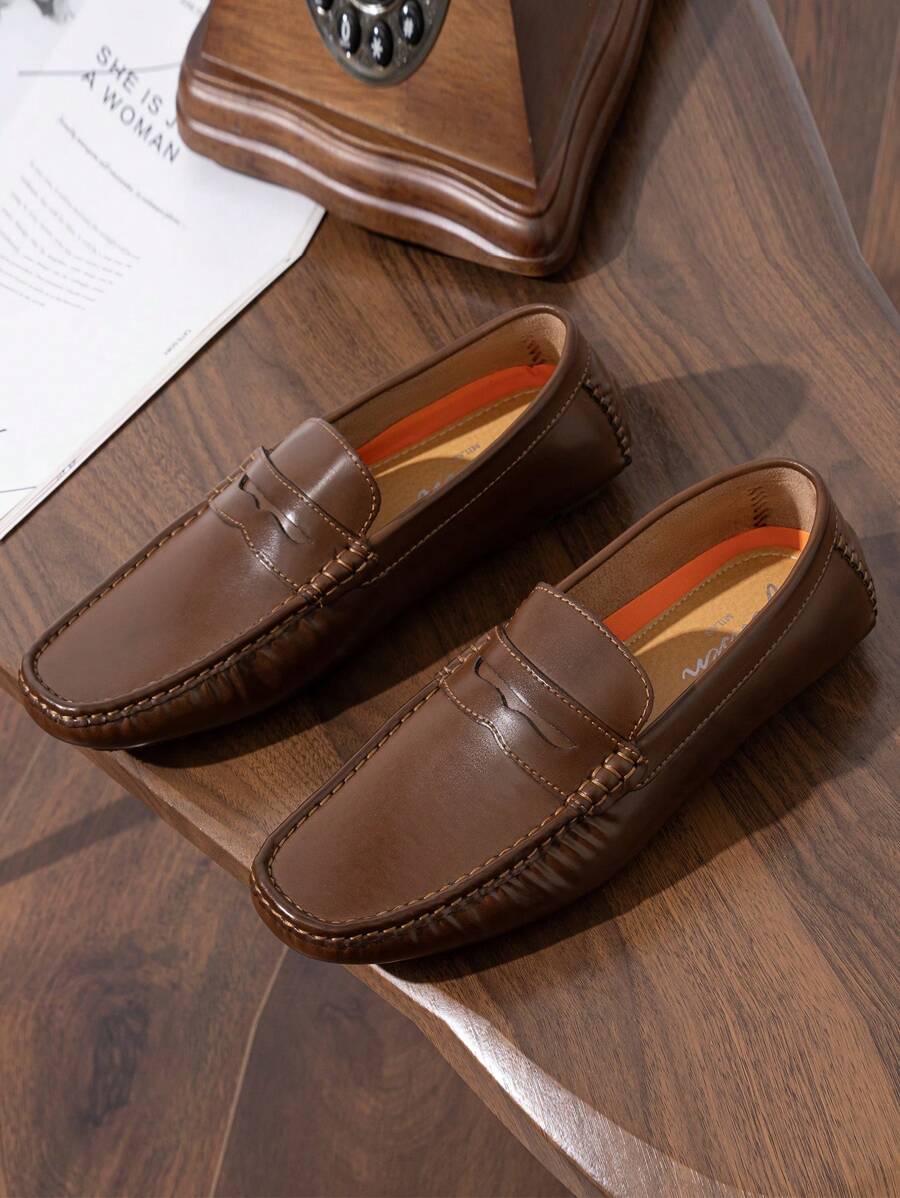 SHOESMORE Men's Stitch Detail Darkbrown Loafers Casual Slip On Penny Loafer Lightweight Driving Shoes Flat Boat Shoes - AMY802A-darkbrown - 查看 1