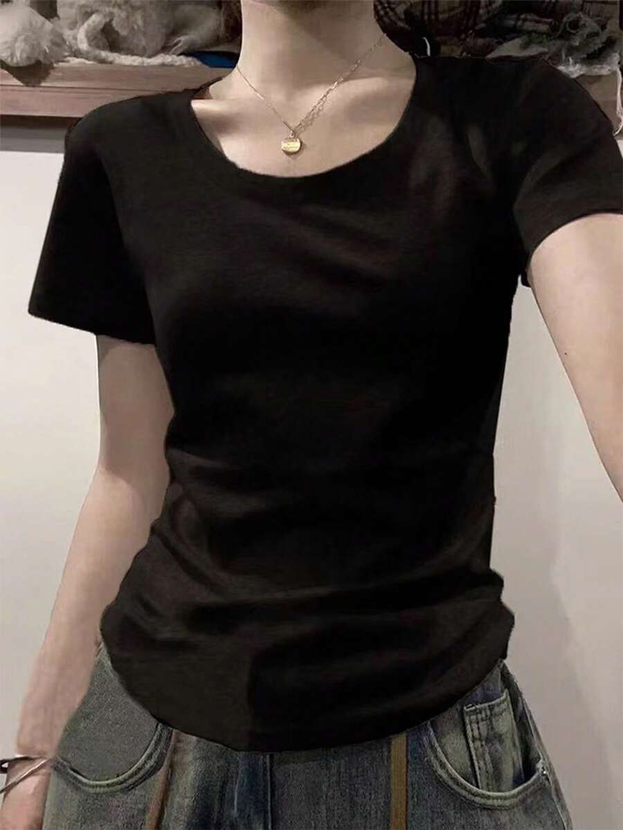 女士纯色圆领短袖休闲T恤，夏季黑色 - 黑色 - 查看 1