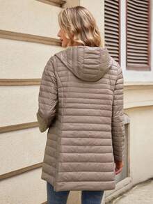 ZIAI 女士纯色轻薄长款连帽冬季羽绒服休闲户外秋冬外套女 - 卡其色 - 查看 5