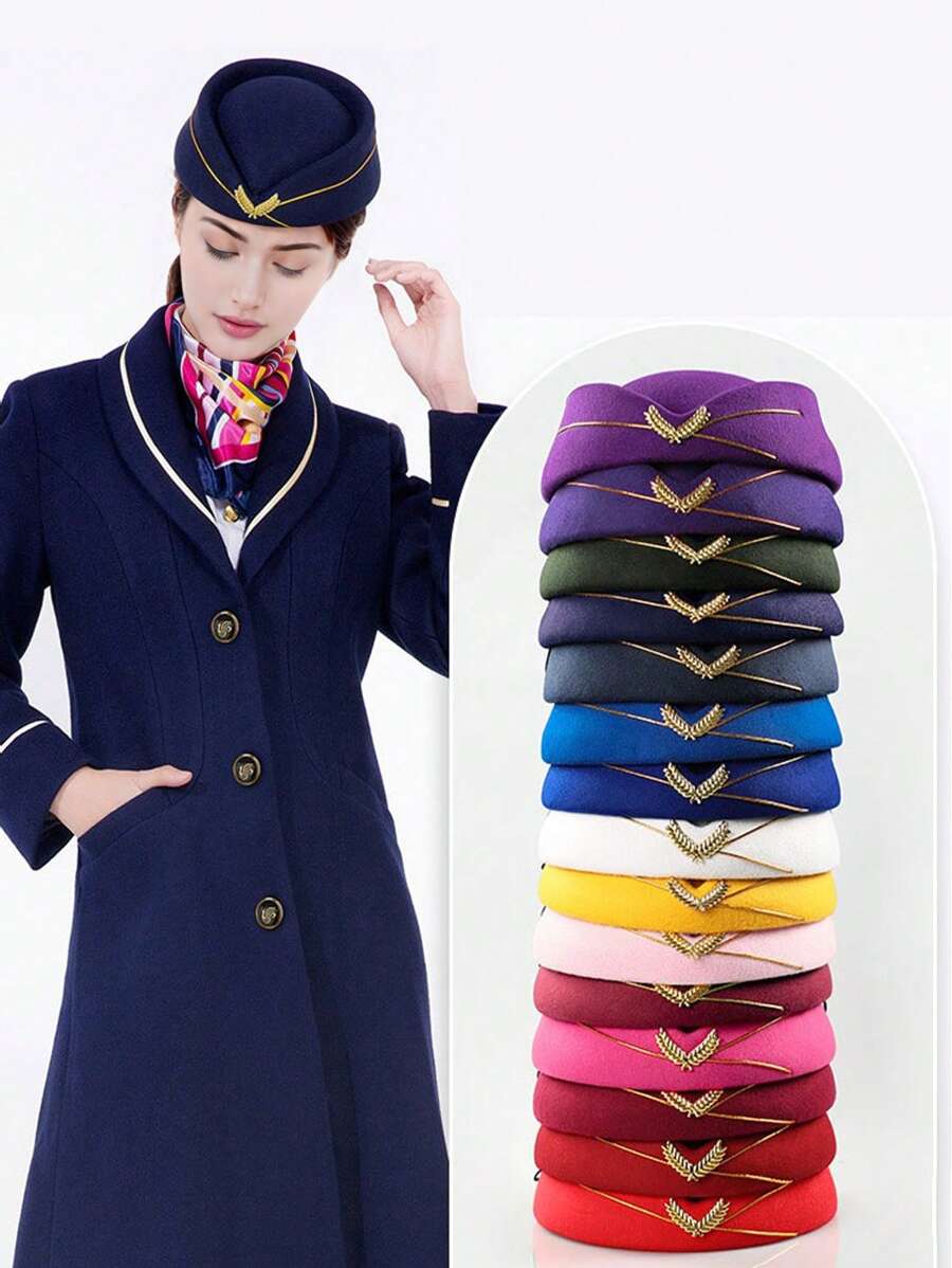 1pc Women Solid Color Flight Attendant Hat, Elegant Vintage Casual Streetwear Stylish Wide Brimmed Bowler Hat, Suitable For Work, Halloween, Christmas Party, Unisex Winter Warm Windproof Hat