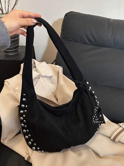 1pc Black PU Matte Women's Underarm Bag With Rivets, Festive Gift, Halloween Gift, Fashion Versatile Bag For Outing, Shopping, Work Commute