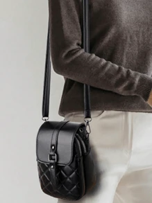 Túi đeo chéo Mini Argyle Quilted, Túi điện thoại nắp gập bằng da PU màu đen dành cho nữ có dây đeo có thể điều chỉnh, nhẹ và thời trang - màu đen - Xem 9