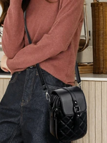 Túi đeo chéo Mini Argyle Quilted, Túi điện thoại nắp gập bằng da PU màu đen dành cho nữ có dây đeo có thể điều chỉnh, nhẹ và thời trang - màu đen - Xem 8