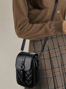 Túi đeo chéo Mini Argyle Quilted, Túi điện thoại nắp gập bằng da PU màu đen dành cho nữ có dây đeo có thể điều chỉnh, nhẹ và thời trang - màu đen - Xem 10