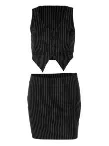 Conjunto de dos piezas para mujer, top de tirantes con cuello en V y estampado de rayas negras y falda de corte A, tallas S/M/L - Negro - Ver 7