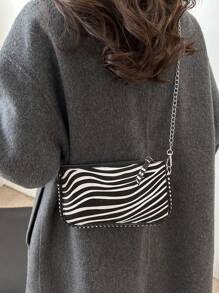 Zebra Print Shoulder Bag, Fashionable Ladies Charm Chic Beaded Crossbody Handbag - Black and White - View 9