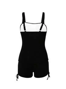 Women Plus Size 2Pcs Swimwear Leaf Print Padded Crop Tank Top With Solid Color Drawstring Shorts Tankini Swimsuit - Yellow - View 6