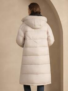 ZIAI 中长款黑色连帽棉服外套，配系带腰带、口袋和长袖，冬季 - 米色 - 查看 5