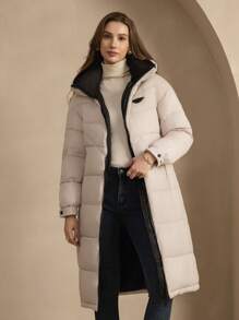 ZIAI 中长款黑色连帽棉服外套，配系带腰带、口袋和长袖，冬季 - 米色 - 查看 1