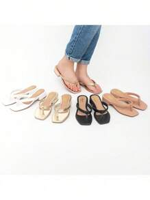Comfortable Flip Flop Low Block Heel Sandal - 米色 - 查看 5