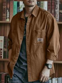 男士休闲纯棉衬衫，纯色，舒适，多口袋，复古风格，适合日常穿着，春秋季，长袖上衣