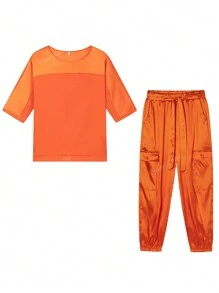 2Pcs/Set 2024 New Arrival Fashion Women Smooth Satin Short Sleeve Top And Pants Suit, Casual Outfit