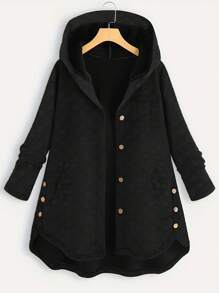 Plus Size Solid Color Polka Dot Long Sleeve Hooded Warm Jacket, Autumn/Winter - Black - View 1