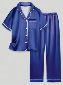 2pcs/Set Tween Girls' Blue Short Sleeve & Long Pants Pajama Set - Multicolor - View 1