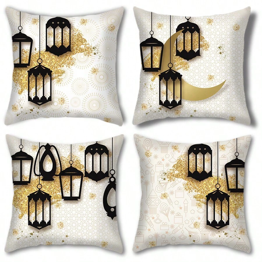 1 pezzo/4 pezzi Copricuscini decorativi a tema luna Rama, in lino, 45x45cm, per decorazione di stanza, camera da letto, divano, senza imbottitura interna - Multicolore - Visualizzare 1