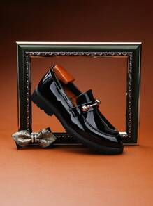 Men's Casual Leather Loafers With A Glossy Printed Design, Thick Sole, And Height-Increasing Style. Suitable For Business, Work, Social Events, And Queuing. [Product Sizing Runs Small; Please Choose The Appropriate Size.] - Black - View 8