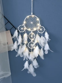 1pc White Feather Pentagram Dreamcatcher, Fashionable Home Decor Wind Chime Dreamcatcher Hanging Ornament, For Home, Wedding, Room Decoration (Feathers Are Artificial),Home Decor ,Room Decor,Wall Decor Gifts Birthday Graduation