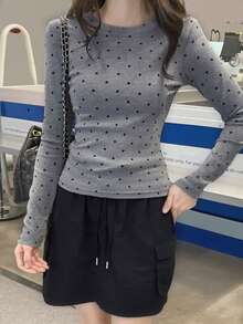 韩版修身圆领波点印花修身长袖T恤上衣随机图案秋季 - 灰色 - 查看 2