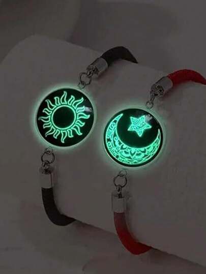 Set de 2 pulseras luminosas de pareja artesanales con diseño de sol, luna y estrellas de vidrio, regalo para él y para ella