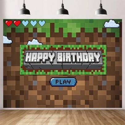 1 tấm phông nền tiệc theo chủ đề Pixel - Polyester đa năng theo chủ đề trò chơi, thích hợp cho gian chụp ảnh và trang trí phòng