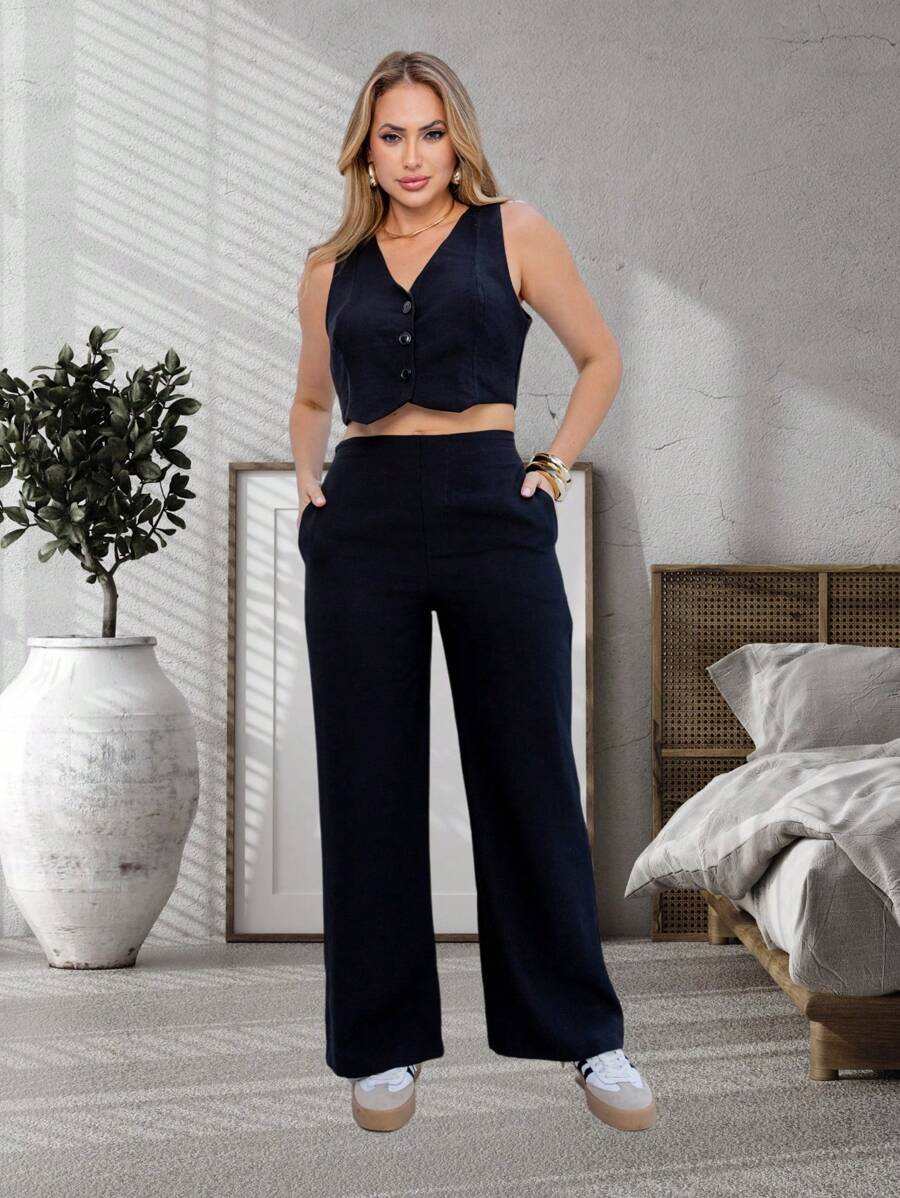Women's Formal Pantaloons Set With Pocket And Short Vest - màu đen - Xem 1