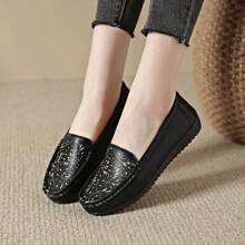 女式刺绣乐福鞋，休闲妈妈鞋 - 黑色 - 查看 2