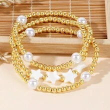 3 件女士手链铜珠金珠镀 18K 金星仿珍珠复活节礼物弹力手链时尚简约波西米亚设计女士优雅手链金珠串珠女士手链适合日常佩戴适合折叠适合送礼 - 彩色 - 查看 3