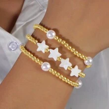 3 件女士手链铜珠金珠镀 18K 金星仿珍珠复活节礼物弹力手链时尚简约波西米亚设计女士优雅手链金珠串珠女士手链适合日常佩戴适合折叠适合送礼 - 彩色 - 查看 1