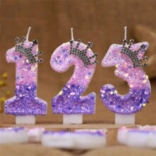粉色和紫色水钻皇冠闪光蜡烛，数字生日蛋糕装饰，适合派对、周年纪念、生日、自制 DIY 数字蜡烛 - 彩色 - 查看 3