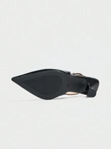 Sepatu hak tinggi wanita model slip-on model mule dengan hiasan gesper logam, warna solid, ujung runcing dan tertutup, modis & nyaman, cocok untuk pemakaian sehari-hari, bepergian, acara formal di musim gugur/musim dingin, sepatu kerja PU hitam, elegan. - Hitam - View 8
