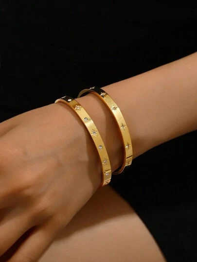 1 st elegant rostfritt stål strass åttkantig stjärndekor C-formad öppen armring, modern design lämplig för kvinnor, mångsidig accessoar för presenter, gatustil, festivaler, fester