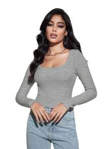 OUTBALL Women's Square Neck Long Sleeve Slim Fitted Casual Long Sleeve Shirts Basic Crop Top 2024 Clothes - 灰色 - 查看 5