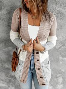 Astylish Women's Button-Front Knit Cardigan Casual Autumn/Winter Jacket With Pockets - Beige - View 6
