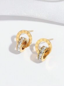 Stainless Steel Roman Numeral Rhinestone Inlaid Geometric Pendant Necklace, Bracelet And Earrings Jewelry Set, Suitable For Daily Wear And Gift