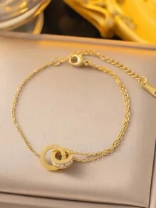 Stainless Steel Roman Numeral Rhinestone Inlaid Geometric Pendant Necklace, Bracelet And Earrings Jewelry Set, Suitable For Daily Wear And Gift