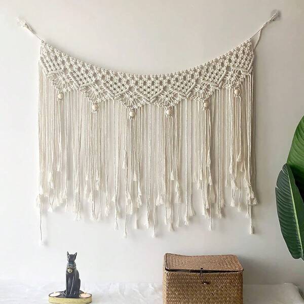 1pc Macrame Wall Hanging, Boho Style Fiber Art Tapestry, Fringe Flag Background Wall Decor, Handwoven For Living Room, Bedroom, Headboard