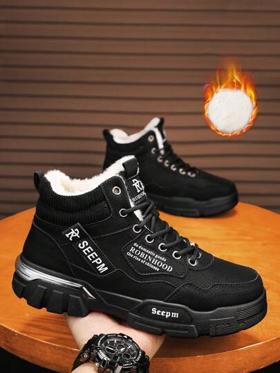 Nowe męskie zimowe buty sportowe sznurowane z pluszową podszewką, ciepłe, antypoślizgowe, codzienne, buty za kostkę z podszewką z polaru, botki z okrągłym noskiem i sznurowadłami