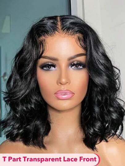 Peluca de cabello humano con ondas tipo Body Wave, corte Bob, con encaje frontal, densidad del 180%, peluca con cabello humano pre-desglosado, para mujeres, onda suelta, color negro natural