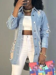 Women's Denim Jacket - Button-Up, Distressed Design With Pockets, Long Sleeves, Stylish Shirt Collar Mid-Length Outerwear, Perfect For Casual Daily Wear & Versatile Fashion - 淺色水洗藍 - 查看 1