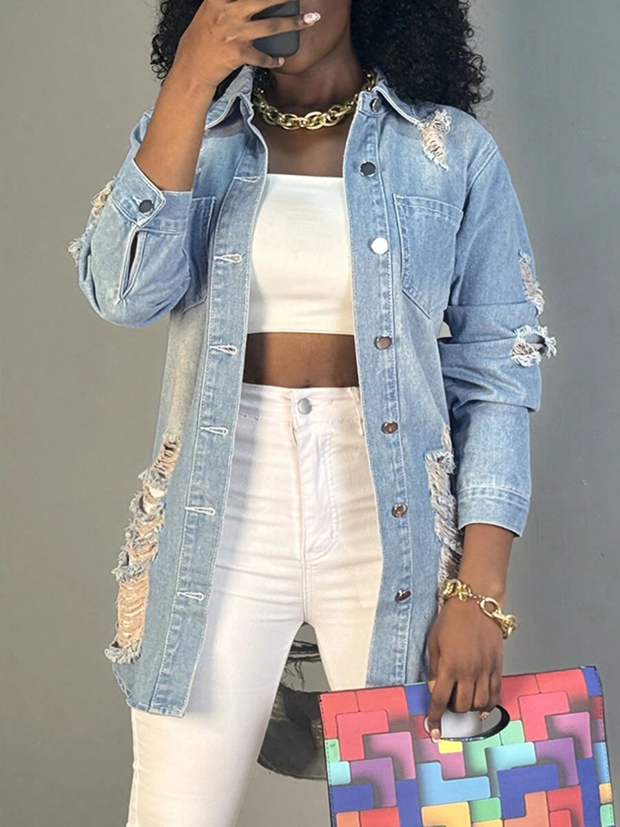 Women's Denim Jacket - Button-Up, Distressed Design With Pockets, Long Sleeves, Stylish Shirt Collar Mid-Length Outerwear, Perfect For Casual Daily Wear & Versatile Fashion - 淺色水洗藍 - 查看 1
